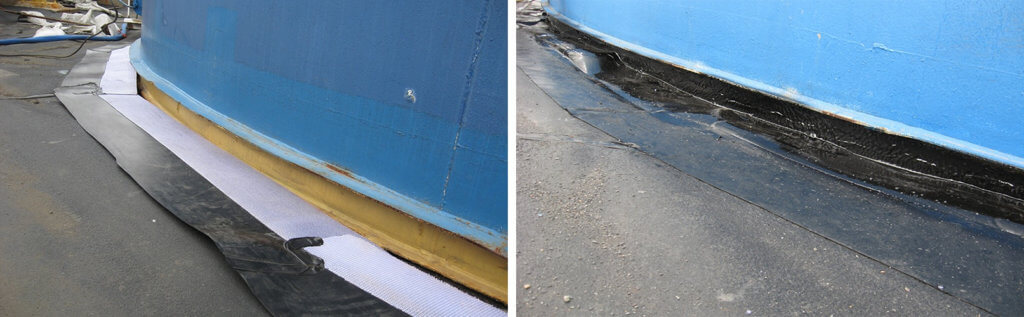 Before (left) and after (right) installing PolySeam containment liner on a double-bottom tank to prevent water from going under the tank.